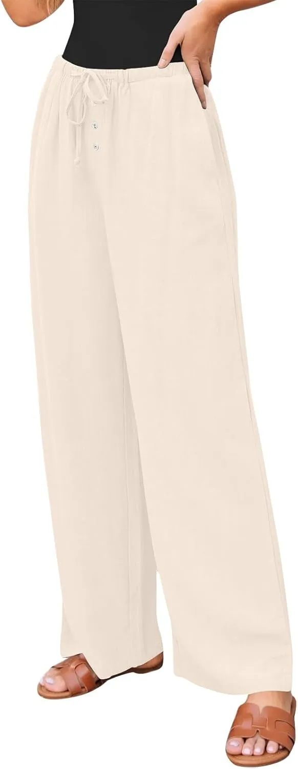 Cotton Linen Pants Women Summer Casual Loose Beach Pants Drawstring Flowy Wide Leg Palazzo Trousers with Pockets