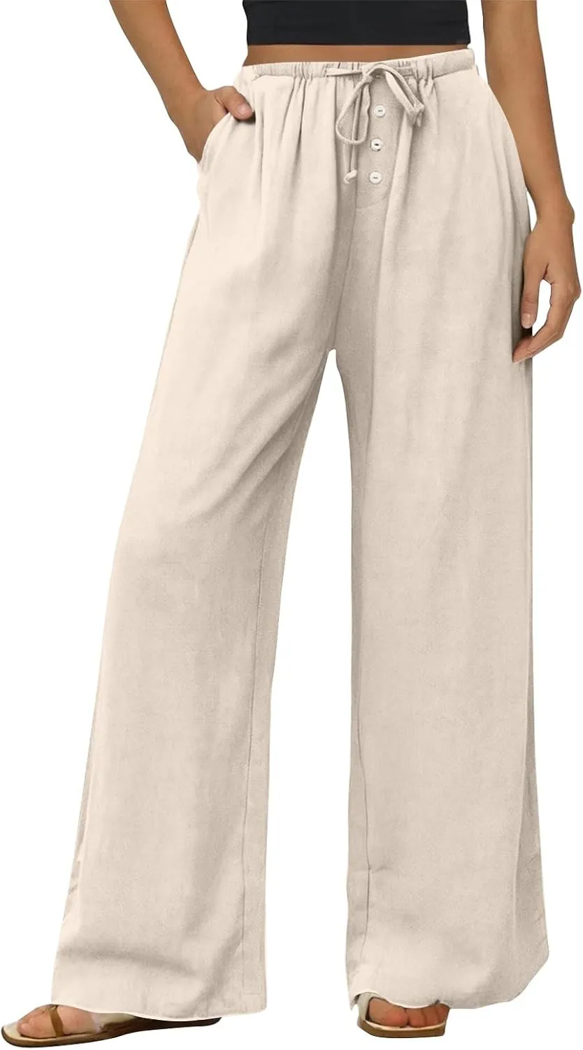Cotton Linen Pants Women Summer Casual Loose Beach Pants Drawstring Flowy Wide Leg Palazzo Trousers with Pockets