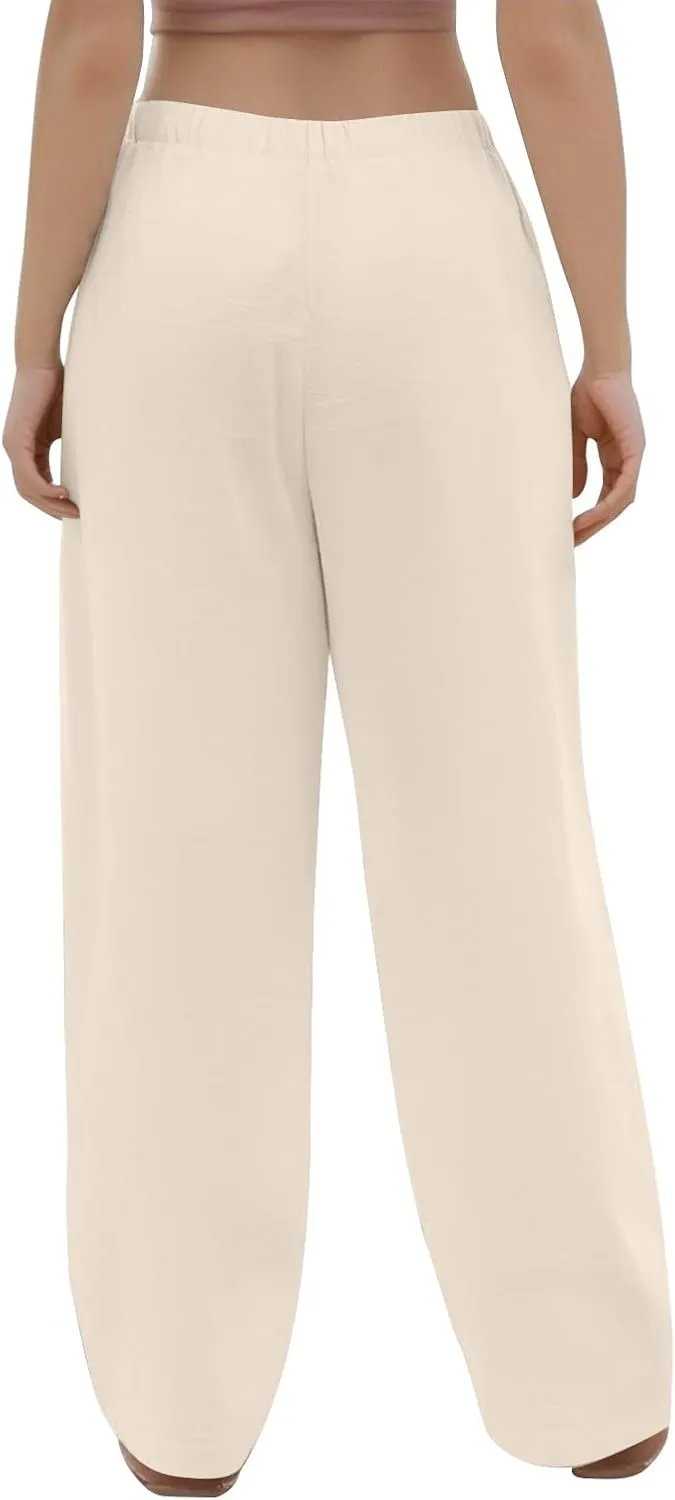 Cotton Linen Pants Women Summer Casual Loose Beach Pants Drawstring Flowy Wide Leg Palazzo Trousers with Pockets
