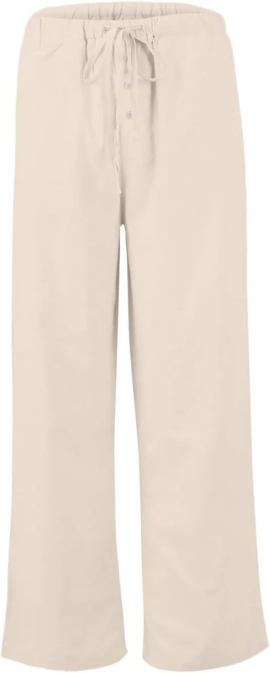 Cotton Linen Pants Women Summer Casual Loose Beach Pants Drawstring Flowy Wide Leg Palazzo Trousers with Pockets