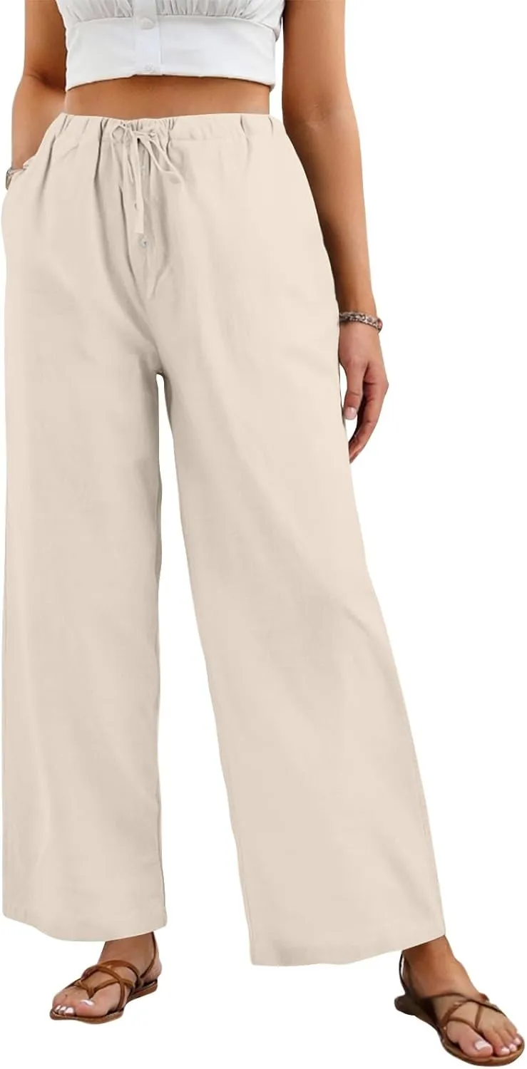 Cotton Linen Pants Women Summer Casual Loose Beach Pants Drawstring Flowy Wide Leg Palazzo Trousers with Pockets