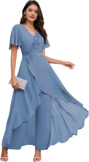 Deep Dusty Blue Wedding Pants Suits for Women Dressy Plus Size Lace 2 Pcs Mother of The Bride Dresses Short Sleeve Casual Pantsuits 18W