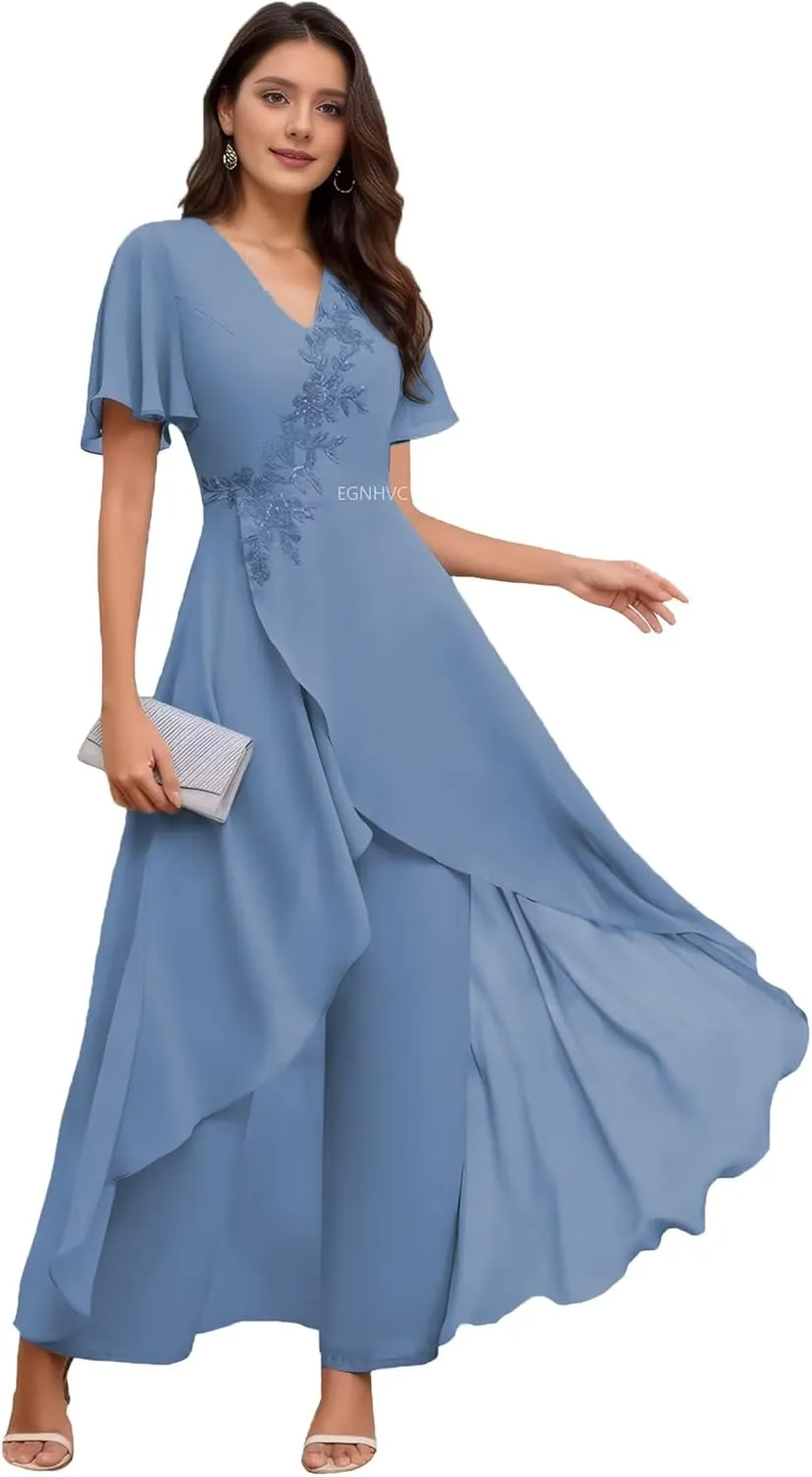 Deep Dusty Blue Wedding Pants Suits for Women Dressy Plus Size Lace 2 Pcs Mother of The Bride Dresses Short Sleeve Casual Pantsuits 18W