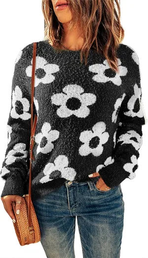 Dokotoo Flowers Sweater Ivory Flora Crewneck Cute Casual Long Sleeve Fall Winter Knitted Pullover Tops