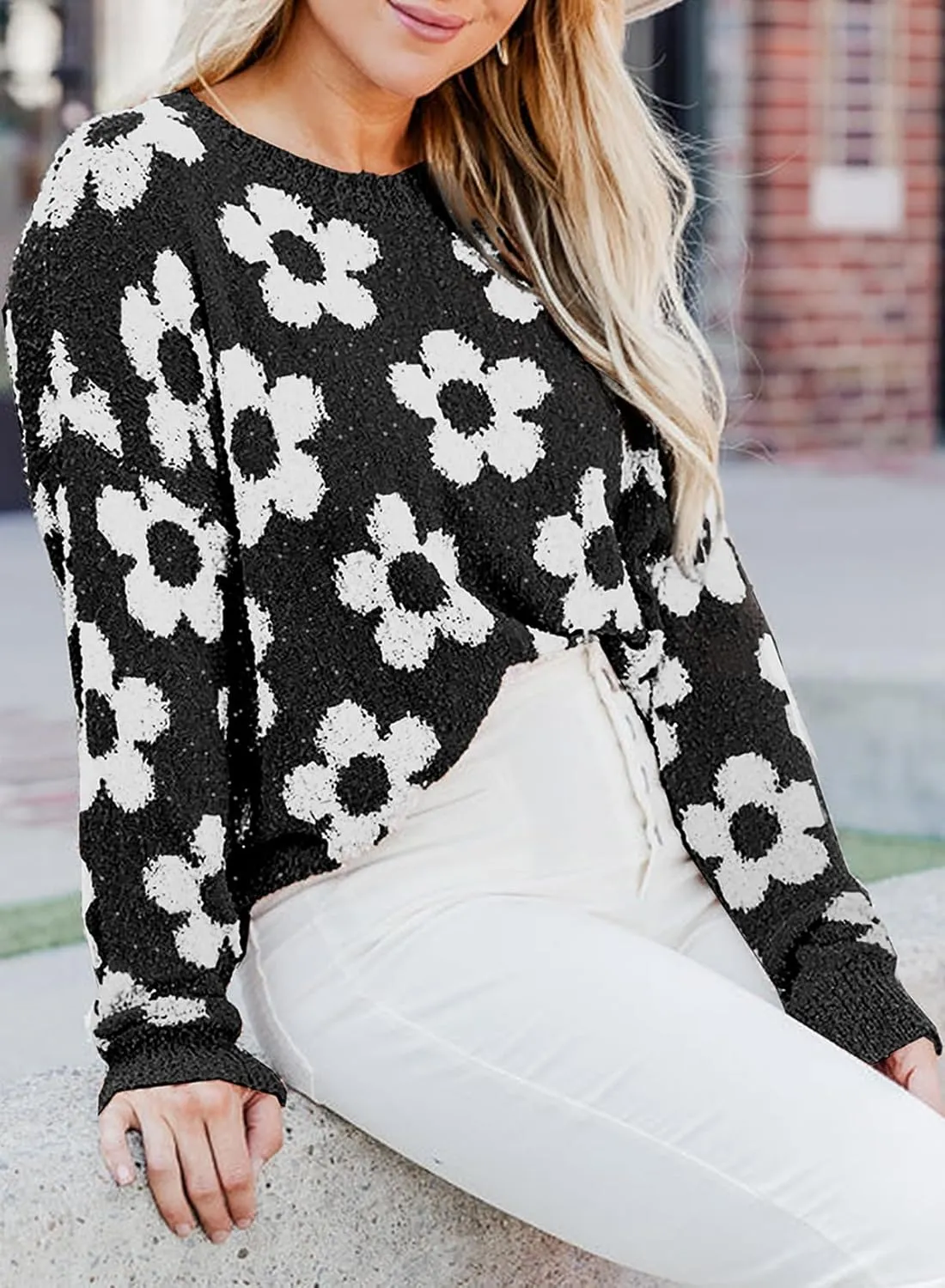Dokotoo Flowers Sweater Ivory Flora Crewneck Cute Casual Long Sleeve Fall Winter Knitted Pullover Tops