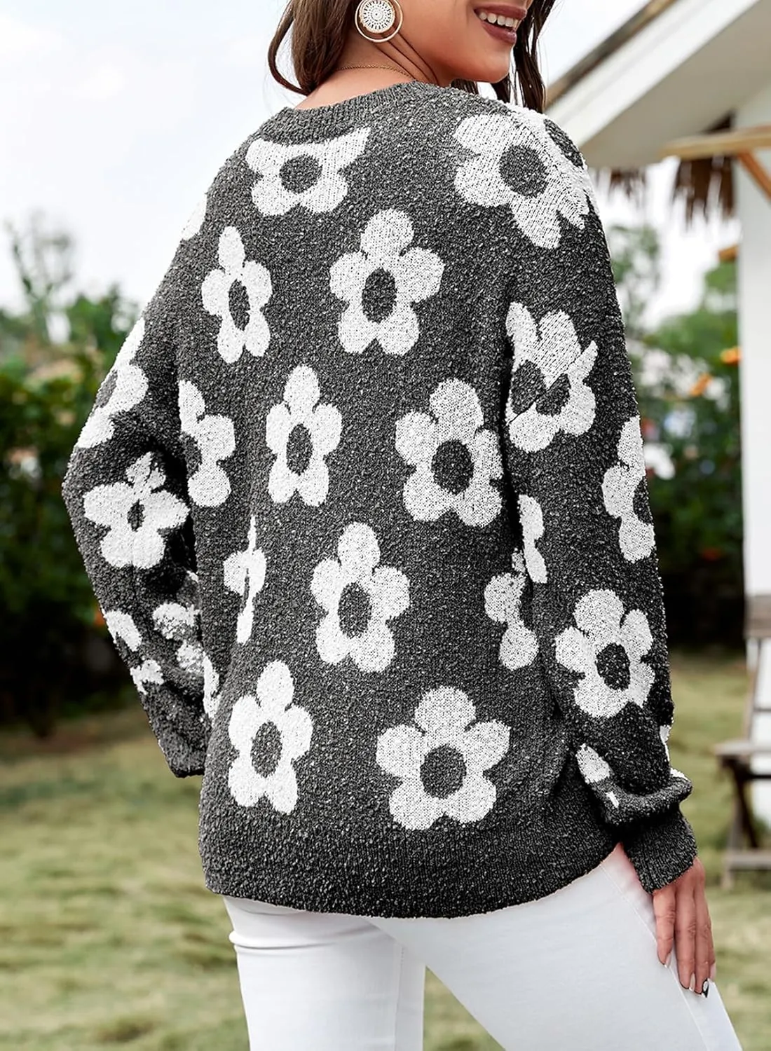 Dokotoo Flowers Sweater Ivory Flora Crewneck Cute Casual Long Sleeve Fall Winter Knitted Pullover Tops