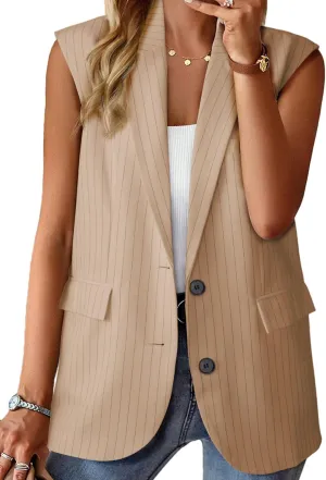 Dokotoo Womens Vest Dressy Casual Stripes Sleeveless Blazer Button Up Lightweight Summer Work Office Suit Vest