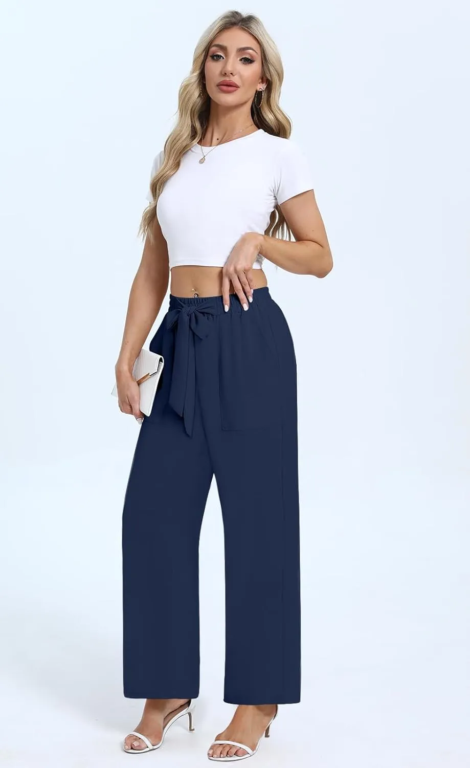 DouBCQ Women's Wide Leg Pants High Waist Flowy Tie Knot Trousers Business Casual Pants with Pockets
