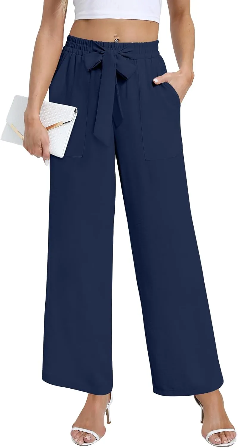 DouBCQ Women's Wide Leg Pants High Waist Flowy Tie Knot Trousers Business Casual Pants with Pockets