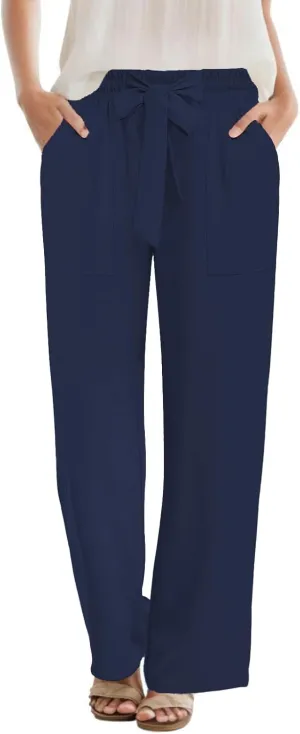DouBCQ Women's Wide Leg Pants High Waist Flowy Tie Knot Trousers Business Casual Pants with Pockets