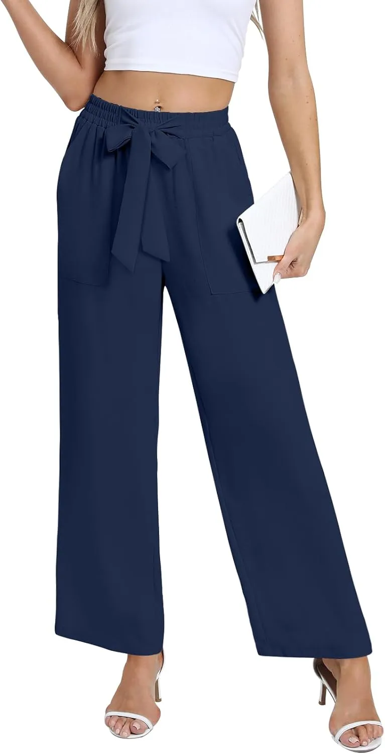 DouBCQ Women's Wide Leg Pants High Waist Flowy Tie Knot Trousers Business Casual Pants with Pockets