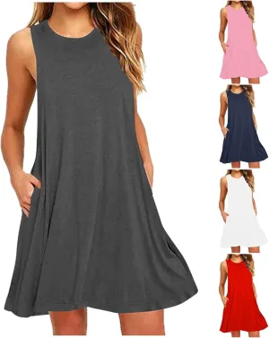 Dresses for Women Summer Sleeveless Casual Dress Solid Crewneck Sundresses Loose Midi Beach Clothes with Pocket