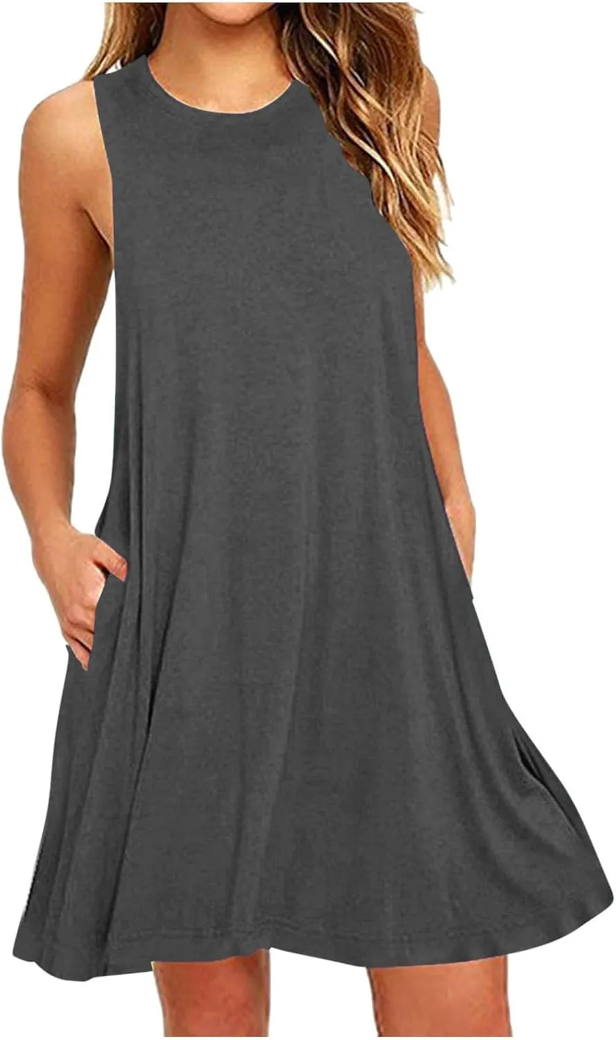 Dresses for Women Summer Sleeveless Casual Dress Solid Crewneck Sundresses Loose Midi Beach Clothes with Pocket