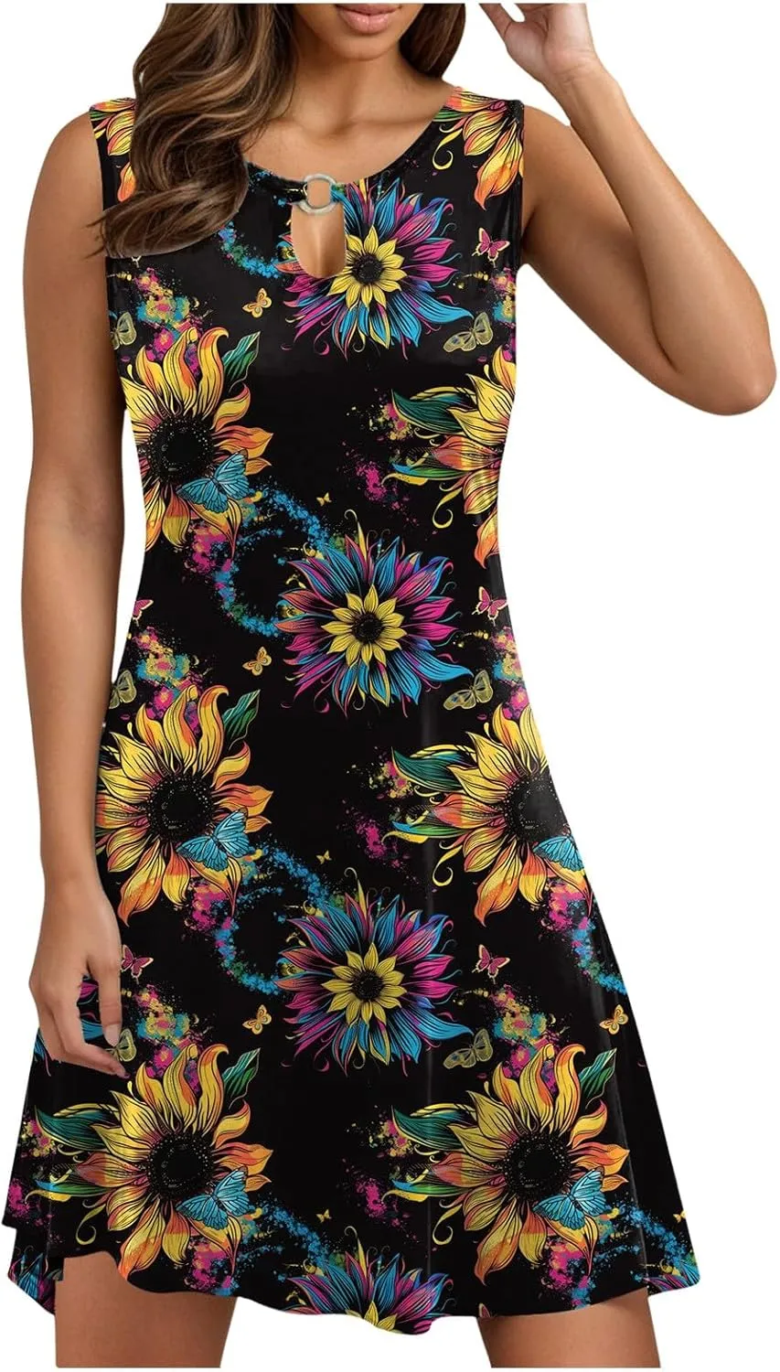 Eduavar Mini Dresses for Women Summer Floral Dress for Women Plus Size Tank Dress Floral Print Sleeveless V Neck Mini Dress