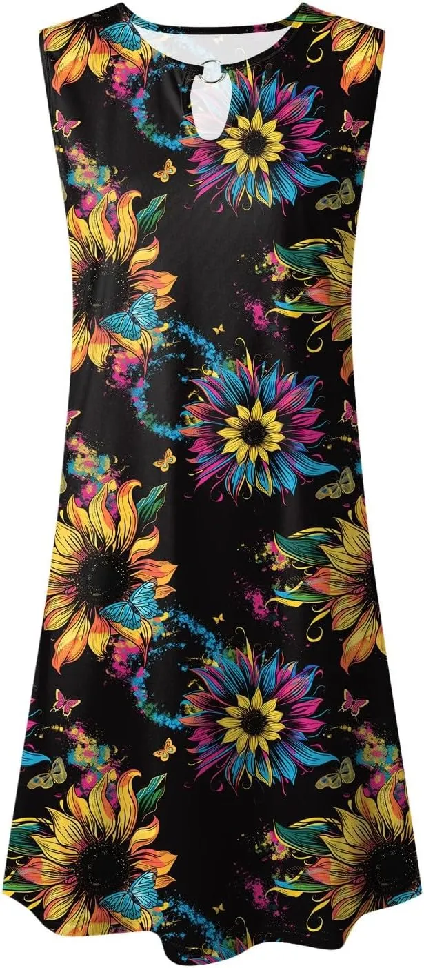 Eduavar Mini Dresses for Women Summer Floral Dress for Women Plus Size Tank Dress Floral Print Sleeveless V Neck Mini Dress