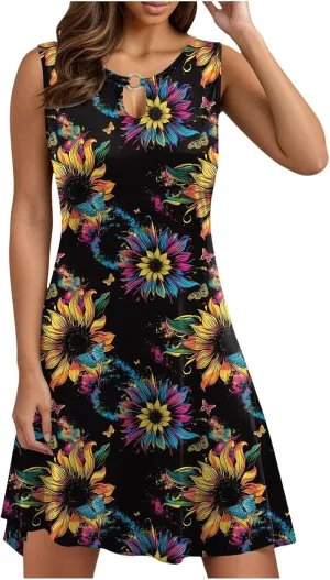 Eduavar Mini Dresses for Women Summer Floral Dress for Women Plus Size Tank Dress Floral Print Sleeveless V Neck Mini Dress