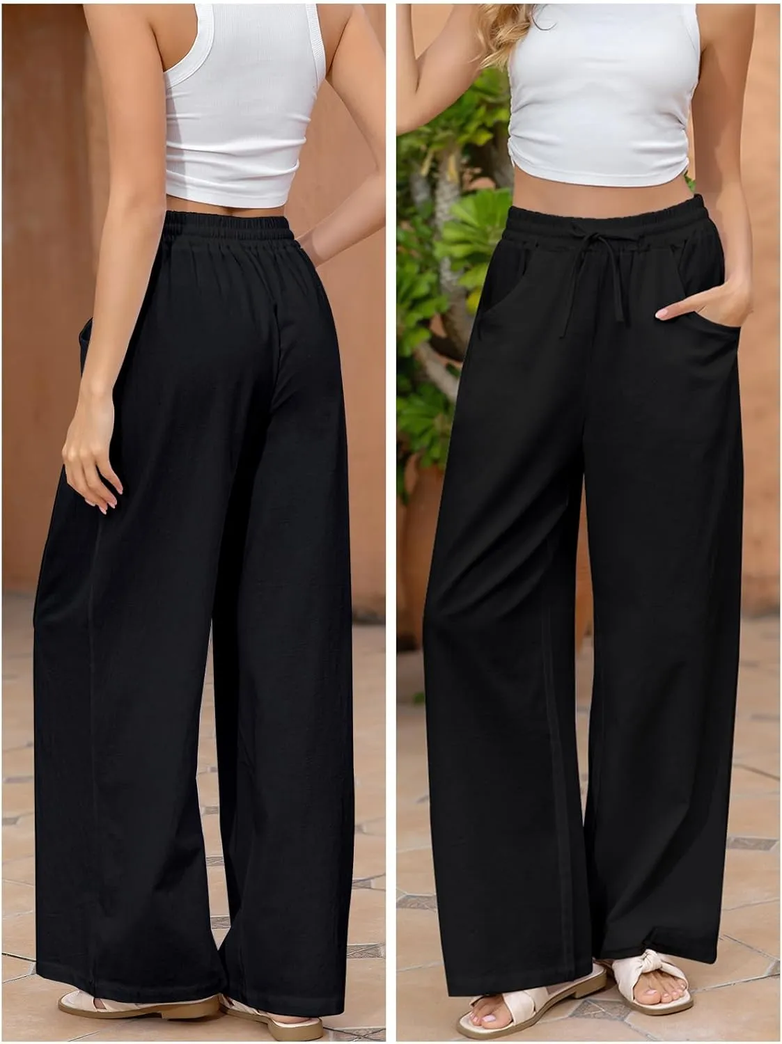 Fancysters Women Wide Leg Linen Pants, High Waisted Summer Casual Cotton Linen Palazzo Pants with Pockets