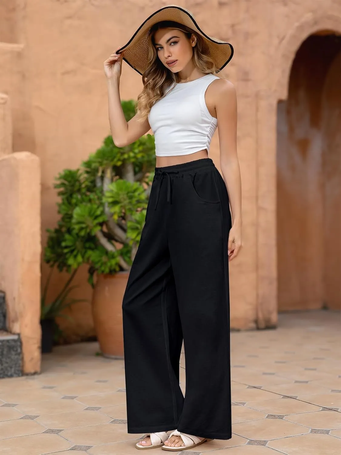Fancysters Women Wide Leg Linen Pants, High Waisted Summer Casual Cotton Linen Palazzo Pants with Pockets