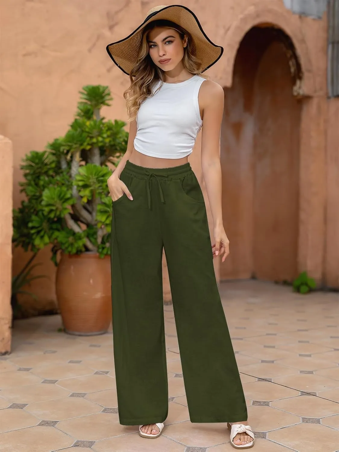 Fancysters Women Wide Leg Linen Pants, High Waisted Summer Casual Cotton Linen Palazzo Pants with Pockets