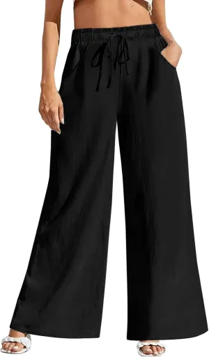 Fancysters Women Wide Leg Linen Pants, High Waisted Summer Casual Cotton Linen Palazzo Pants with Pockets