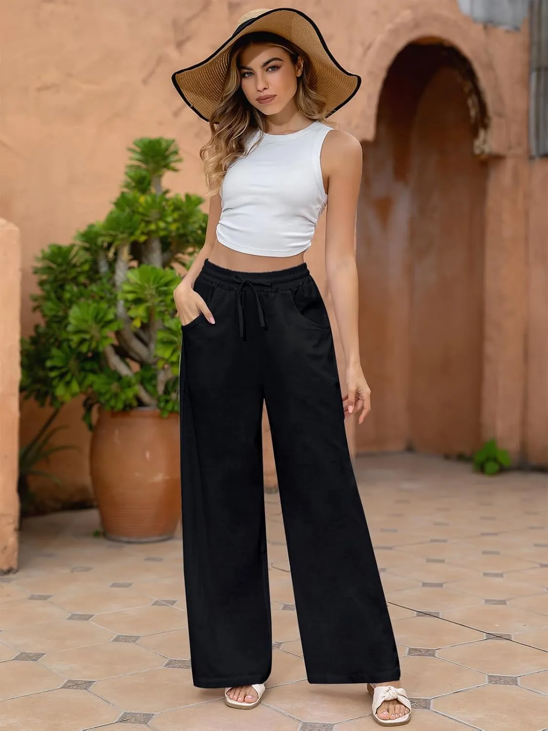 Fancysters Women Wide Leg Linen Pants, High Waisted Summer Casual Cotton Linen Palazzo Pants with Pockets