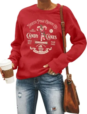 FASHGL Christmas Sweatshirts Women Candy Canes Graphic Sweatshirt Vintage Xmas Long Sleeve Shirt Pullover Tops