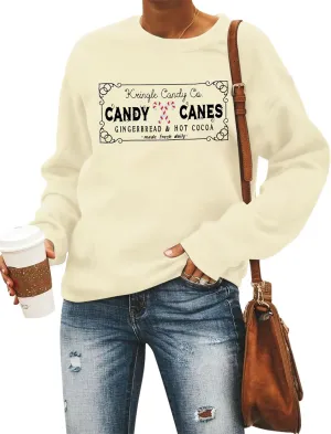 FASHGL Christmas Sweatshirts Women Candy Canes Graphic Sweatshirt Vintage Xmas Long Sleeve Shirt Pullover Tops