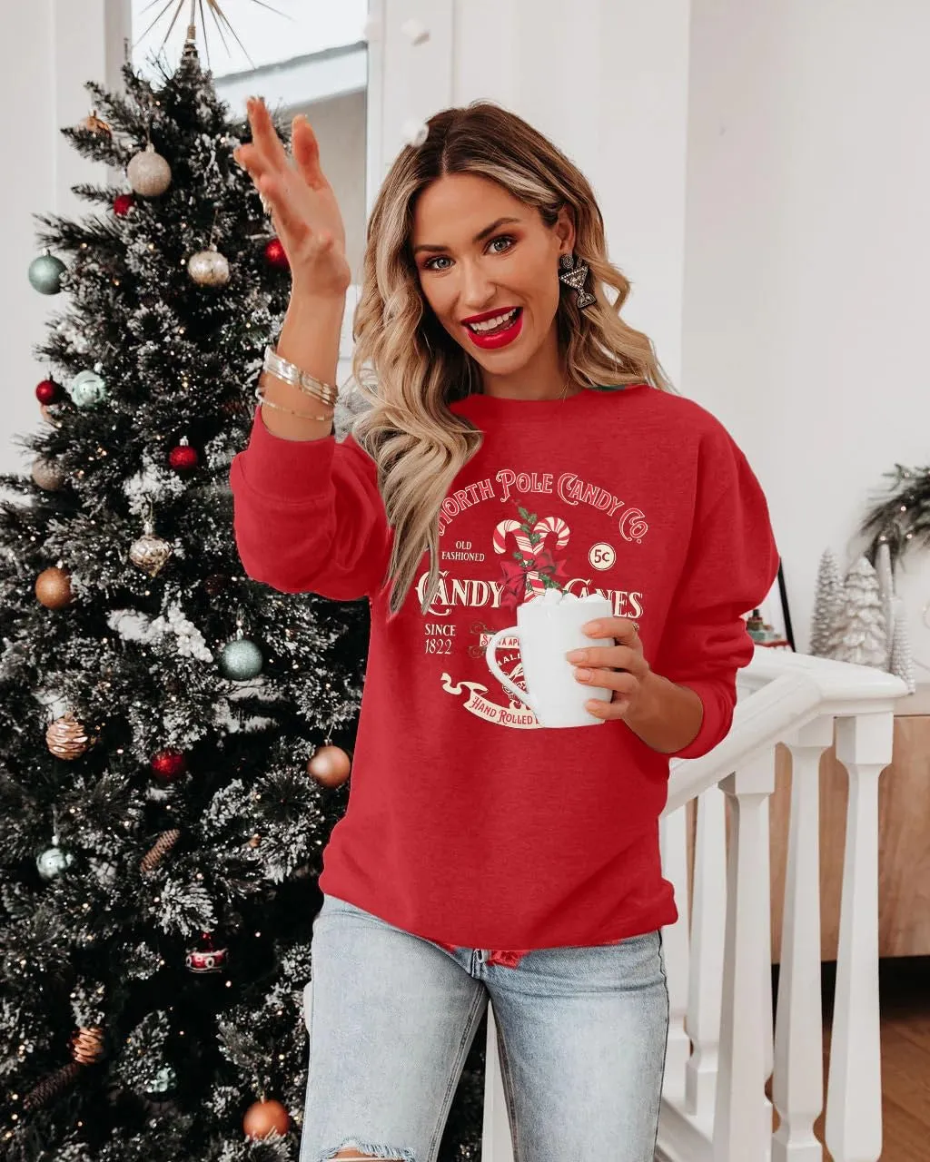FASHGL Christmas Sweatshirts Women Candy Canes Graphic Sweatshirt Vintage Xmas Long Sleeve Shirt Pullover Tops