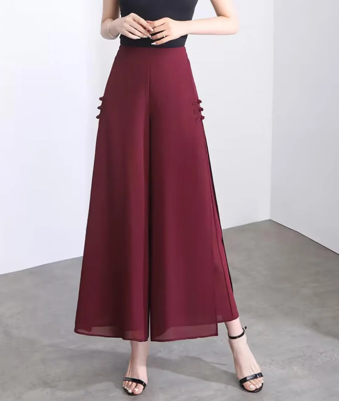 Femiserah Women's High Waist Chiffon Wide Leg Long Palazzo Pants Casual Flowy Business Trousers