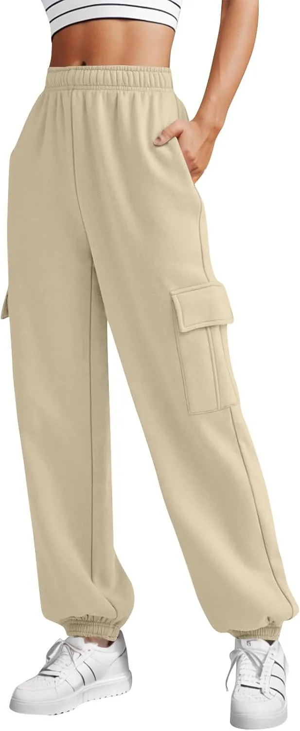 Fleece Cargo Sweatpants Women Fall Elastic High Waist Joggers Straight Leg Cinch Bottom Pants Jogger Pants with Pocket