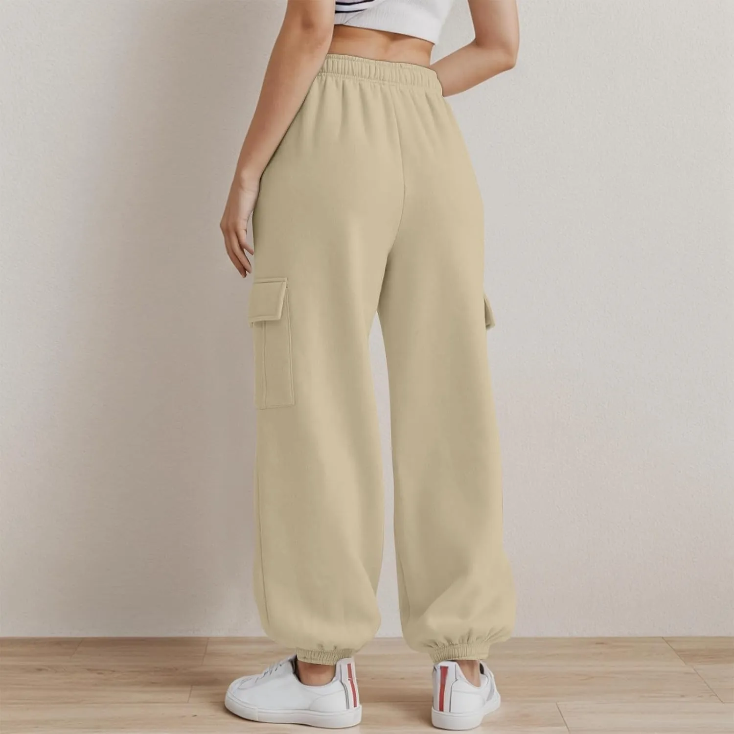 Fleece Cargo Sweatpants Women Fall Elastic High Waist Joggers Straight Leg Cinch Bottom Pants Jogger Pants with Pocket