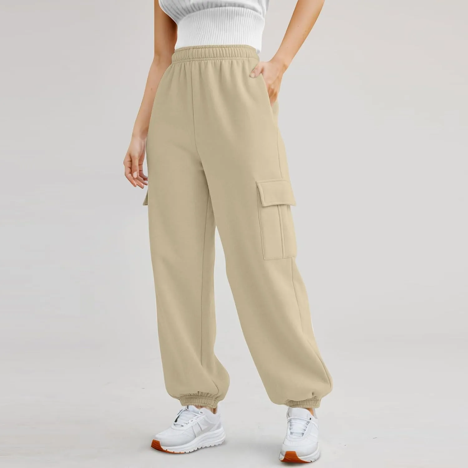 Fleece Cargo Sweatpants Women Fall Elastic High Waist Joggers Straight Leg Cinch Bottom Pants Jogger Pants with Pocket