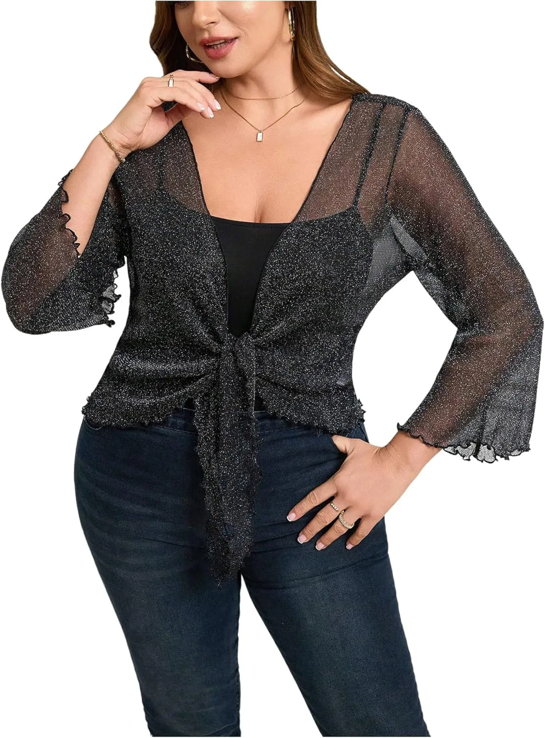 Floerns Women's Plus Size Glitter Sheer Mesh T Shirt Flare Sleeve Tie Front Cardigan Tops