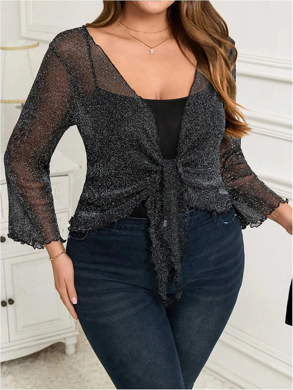 Floerns Women's Plus Size Glitter Sheer Mesh T Shirt Flare Sleeve Tie Front Cardigan Tops