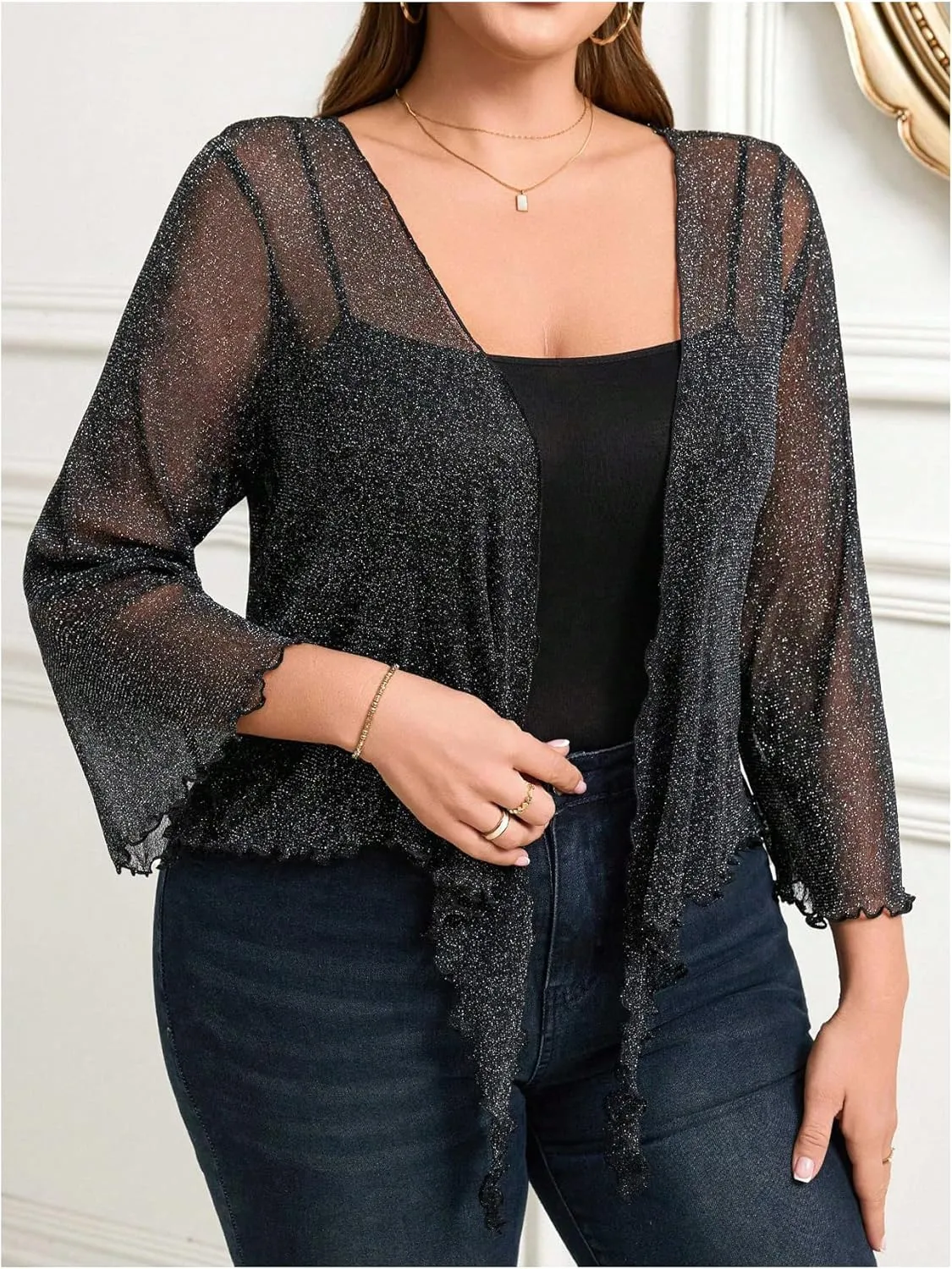 Floerns Women's Plus Size Glitter Sheer Mesh T Shirt Flare Sleeve Tie Front Cardigan Tops