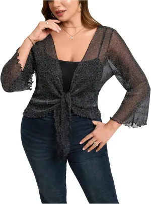 Floerns Women's Plus Size Glitter Sheer Mesh T Shirt Flare Sleeve Tie Front Cardigan Tops
