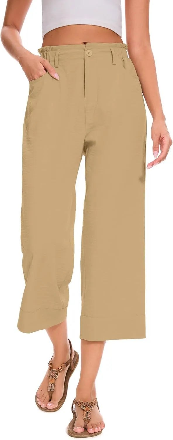 FUNYYZO Women Summer Capri Pants Trousers Pants Drawstring Waist Wide Leg Casual Loose Fit Dressy Pants