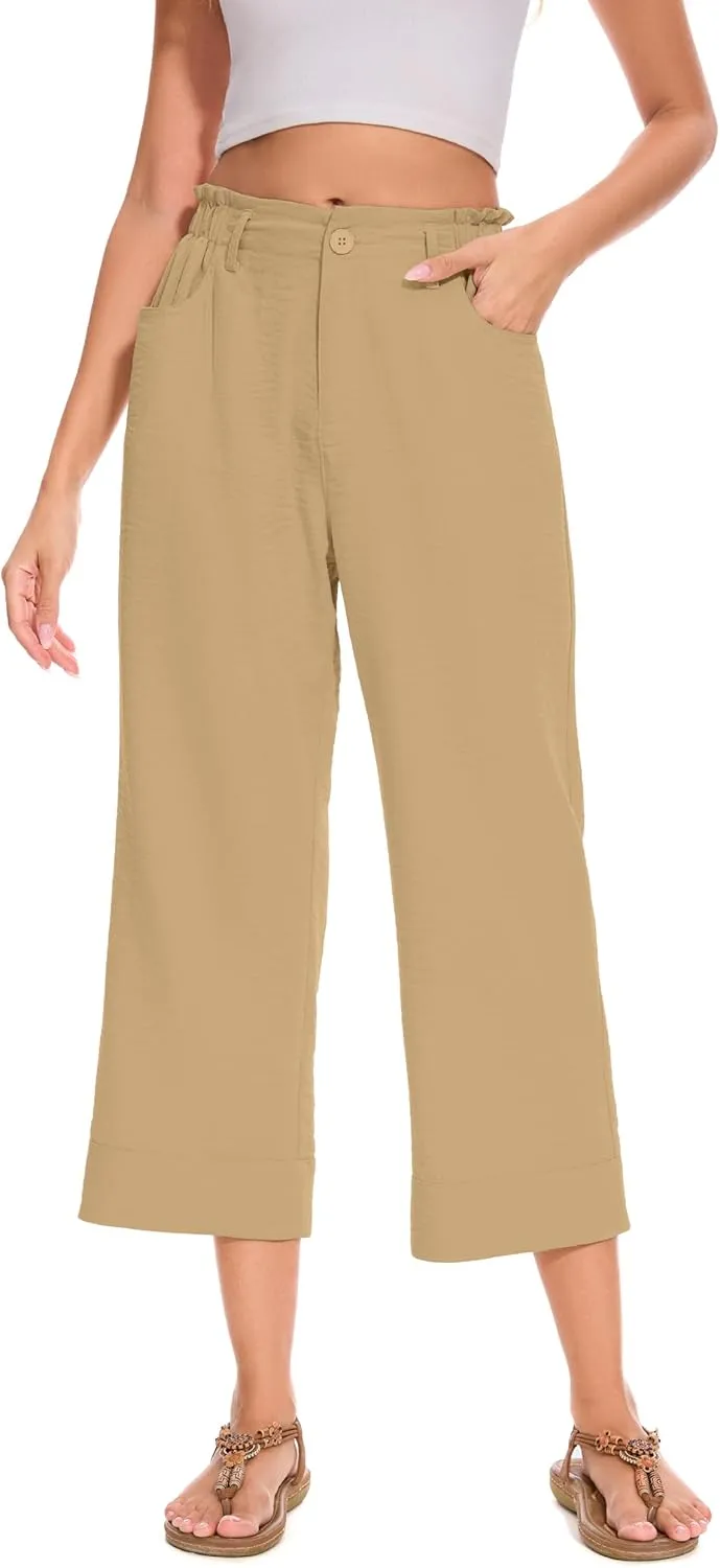 FUNYYZO Women Summer Capri Pants Trousers Pants Drawstring Waist Wide Leg Casual Loose Fit Dressy Pants