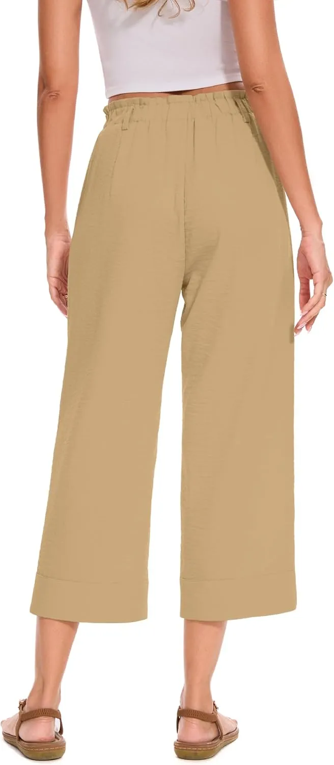 FUNYYZO Women Summer Capri Pants Trousers Pants Drawstring Waist Wide Leg Casual Loose Fit Dressy Pants