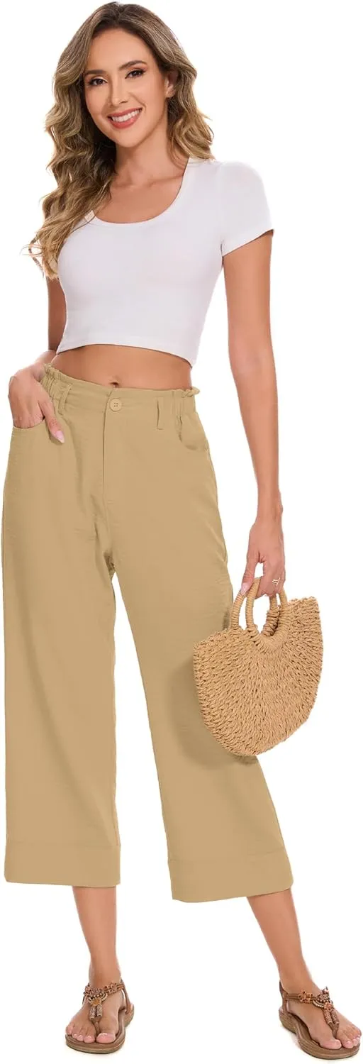 FUNYYZO Women Summer Capri Pants Trousers Pants Drawstring Waist Wide Leg Casual Loose Fit Dressy Pants