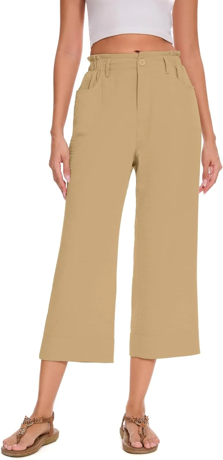 FUNYYZO Women Summer Capri Pants Trousers Pants Drawstring Waist Wide Leg Casual Loose Fit Dressy Pants