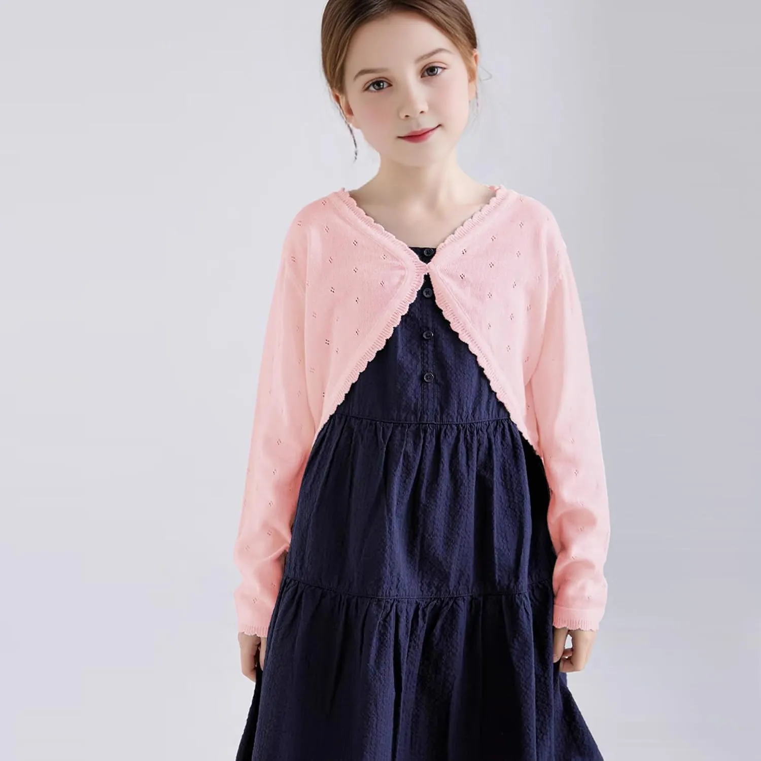 Girls Cardigan, Girls Bolero Shrug Sweater, Kids Knit Hollow Out Long Sleeve, Button Cover Up Cropped Tops