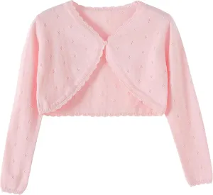 Girls Cardigan, Girls Bolero Shrug Sweater, Kids Knit Hollow Out Long Sleeve, Button Cover Up Cropped Tops