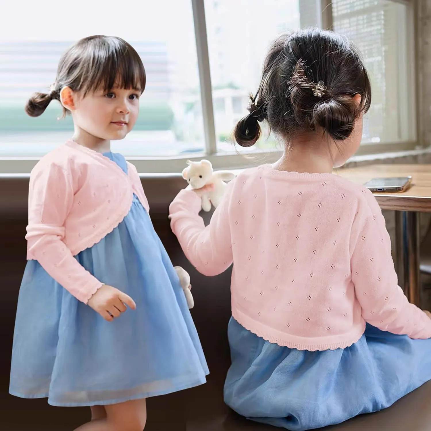 Girls Cardigan, Girls Bolero Shrug Sweater, Kids Knit Hollow Out Long Sleeve, Button Cover Up Cropped Tops