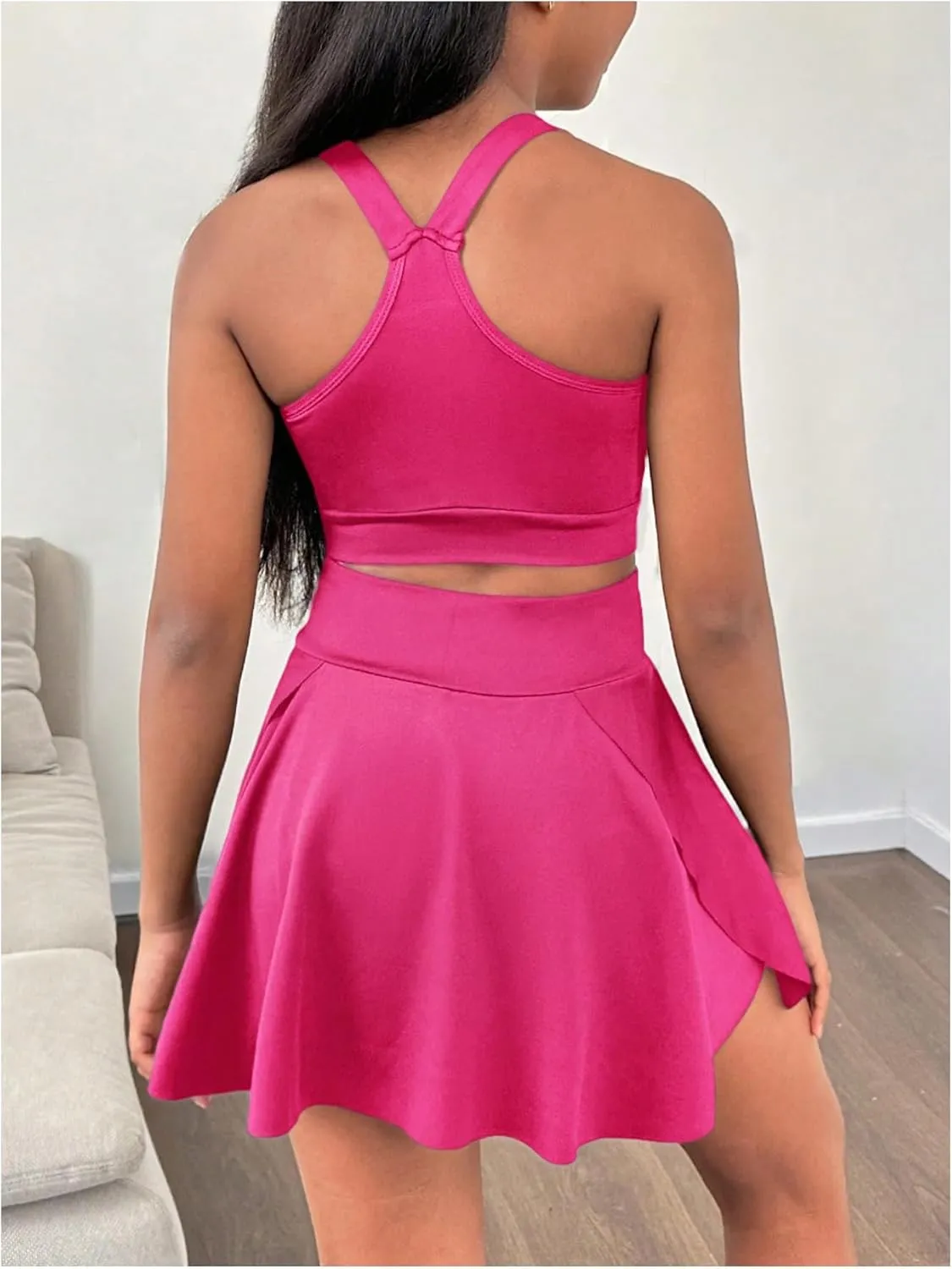 Girl's Workout Solid Color Tank and High Waisted Skorts Set Athletic Sports Running Skirt with Pockets