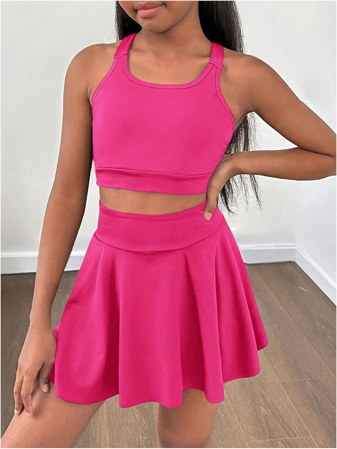 Girl's Workout Solid Color Tank and High Waisted Skorts Set Athletic Sports Running Skirt with Pockets