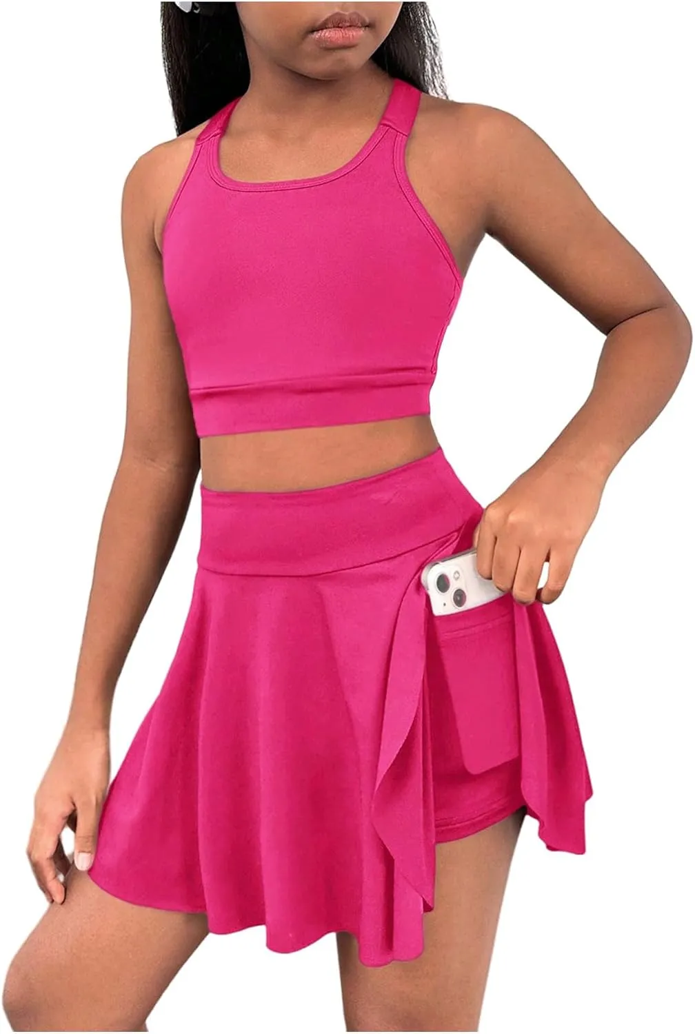 Girl's Workout Solid Color Tank and High Waisted Skorts Set Athletic Sports Running Skirt with Pockets