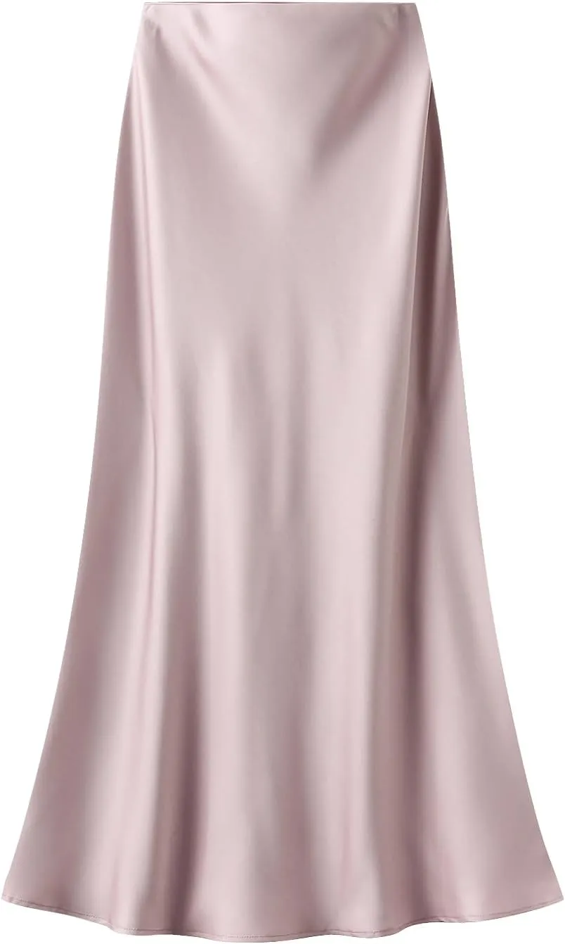 GOLDSTITCH Women's Satin High Waist Skirts Elegant Flared Casual A Line Maxi Skirt