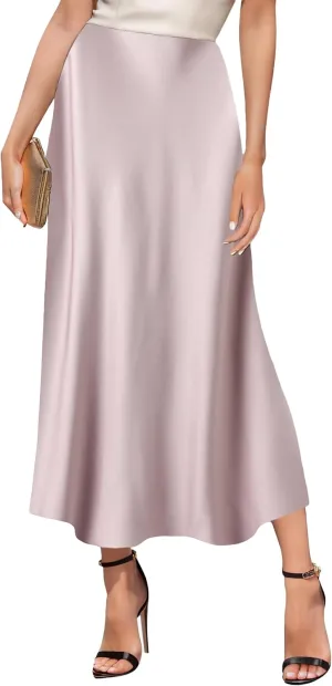 GOLDSTITCH Women's Satin High Waist Skirts Elegant Flared Casual A Line Maxi Skirt