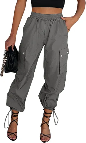 GRAPENT Womens Cargo Pants High Waisted Baggy Parachute Pants Elastic Waist Adjustable Drawstring Nylon Y2K Trousers